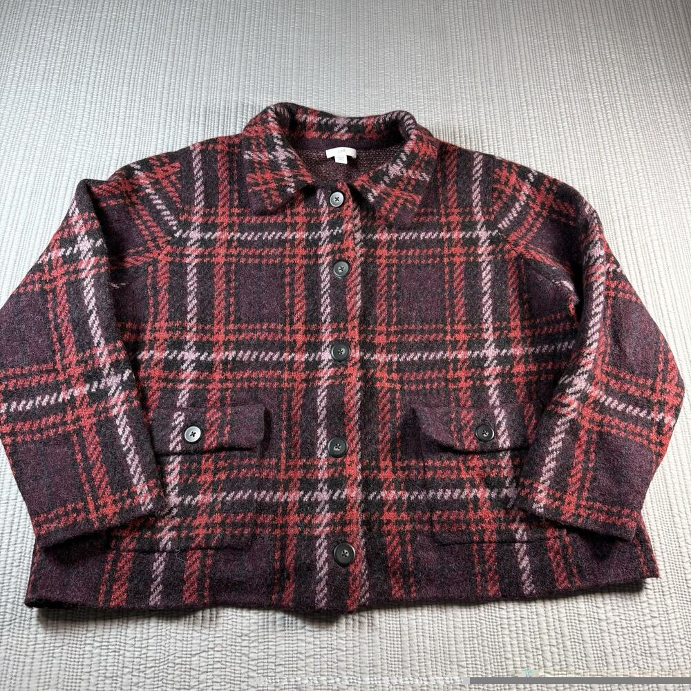 J Jill Plaid Wool Blend Jacket Shacket Burgundy Red XL Petite Quiet Luxury